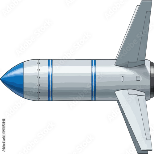 Streamlined missile with aerodynamic tail fins and blue accents traveling at high speed Vector