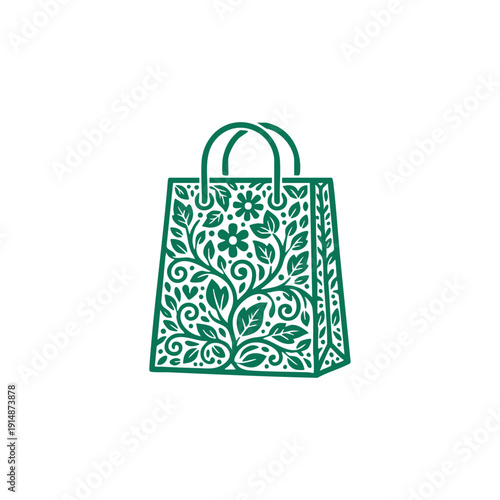 Eco friendly shopping bag illustration with organic leaf and flower patterns, sustainable retail concept isolated on white background.