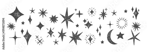 Hand-drawn crayon stars with pastel sparkles create a magical doodle background. Soft light effects and playful crayon textures. Black vector illustration.
