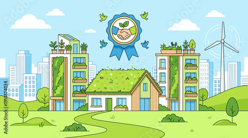 Sustainable Green City Development: Eco-Friendly Architecture, Vertical Gardens, Wind Energy, and Environmental Certification Badge