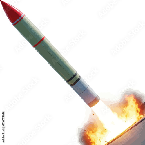 A rocket launching with bright flames and smoke trailing behind it. Vector