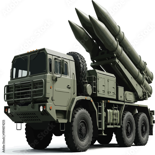 Military missile launcher mounted on a heavy-duty transport vehicle Vector