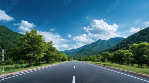 Asphalt highway road and green forest with mountain cab