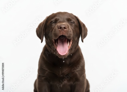 Wallpaper Mural A chocolate labrador retriever dog sitting and yawning with its tongue out in a studio setting from a front view Torontodigital.ca