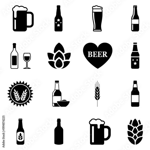Set of beer, bottle and brewing icons. set of wine bottles