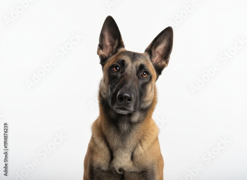 Wallpaper Mural A close-up portrait of a Belgian Malinois dog sitting attentively with a focused expression against a plain white background from a front viewpoint Torontodigital.ca