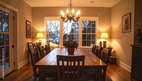 Elegant Dining Room with Warm Lighting and Wooden Furniture.