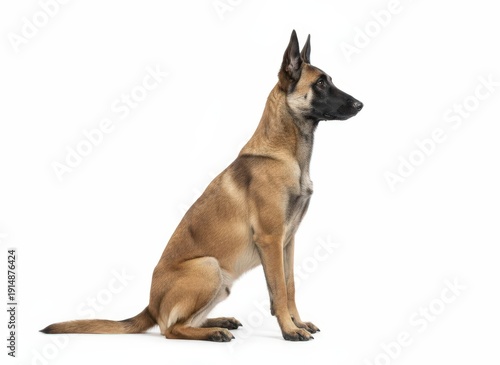 Wallpaper Mural A majestic Belgian Malinois dog sitting attentively on a white floor, viewed from the side with alert ears Torontodigital.ca
