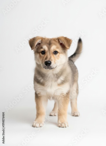 Wallpaper Mural A curious puppy stands on a plain white background looking directly at the camera with its tail slightly raised Torontodigital.ca