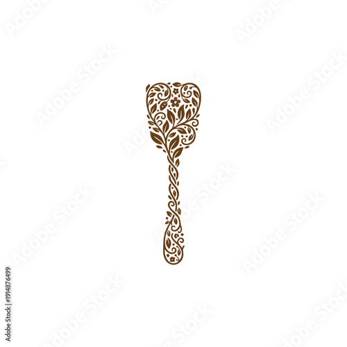 Ornate kitchen spatula silhouette illustration with intricate decorative floral and leaf patterns, representing eco-friendly cooking, sustainable culinary tools, and organic kitchenware concept
