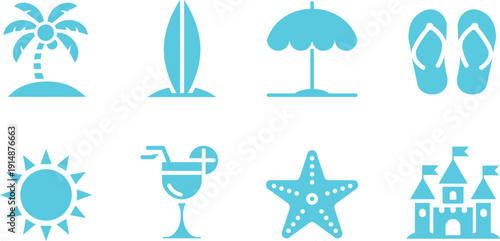 Set of eight blue beach and summer icons including palm tree, surfboard, umbrella, flip-flops, sun