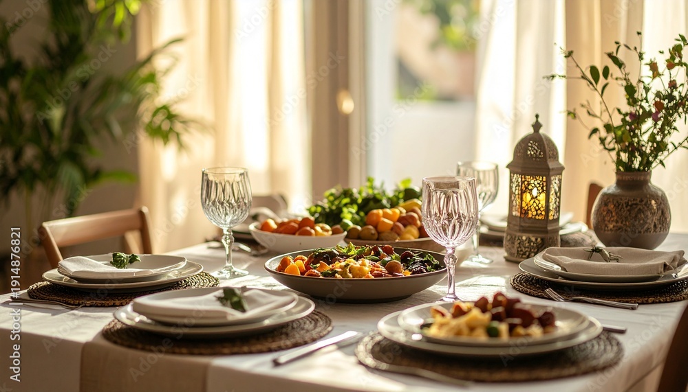 Fototapeta premium Elegant dining table setup with food and decorative lantern.
