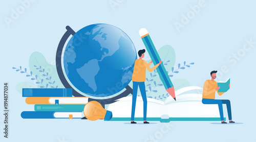 flat vector illustration design style online education and global learning studying research concept. a man holding an oversized pencil and writing in a notebook.
