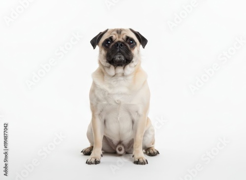 Wallpaper Mural A pug dog sitting calmly on a white surface, viewed from the front, showcasing its adorable facial expression and posture. Torontodigital.ca