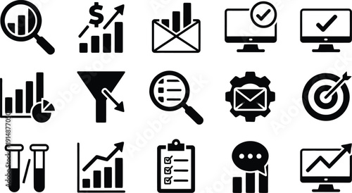 Business data analytics and financial statistics icon set. Solid vector symbols of magnifying glass with bar chart, sales growth, email marketing, conversion funnel, target, and performance monitoring