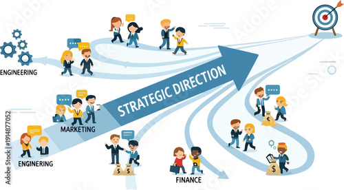 Teams from various departments like engineering, marketing, and finance aligning their efforts towards a common strategic direction and achieving a shared business goal.