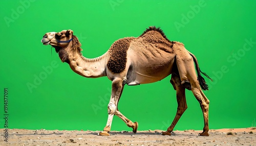 Elegant dromedary camel walking gracefully against a vibrant green backdrop.