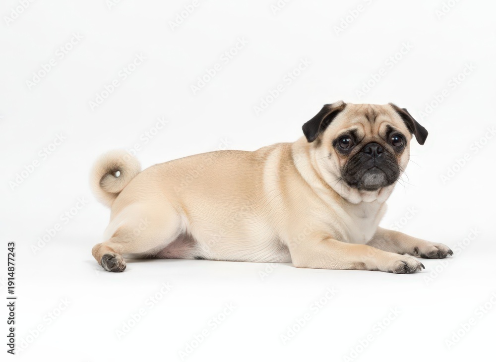 Obraz premium A pug dog lying on the floor, looking directly at the camera with a calm expression, showcasing its adorable face and relaxed posture