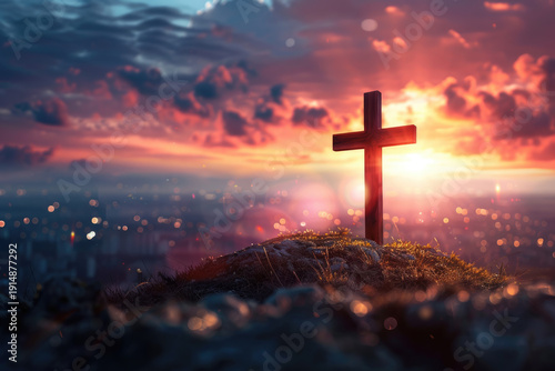 Christian cross orHoly cross  symbolizing faith, hope, and spirituality, stands alone on a rocky mountain.