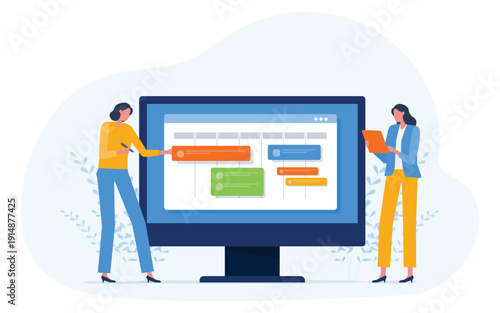 business planning design concept. two businesswomen team working meeting for project management schedule timeline. with colorful task bars on the monitor. 
