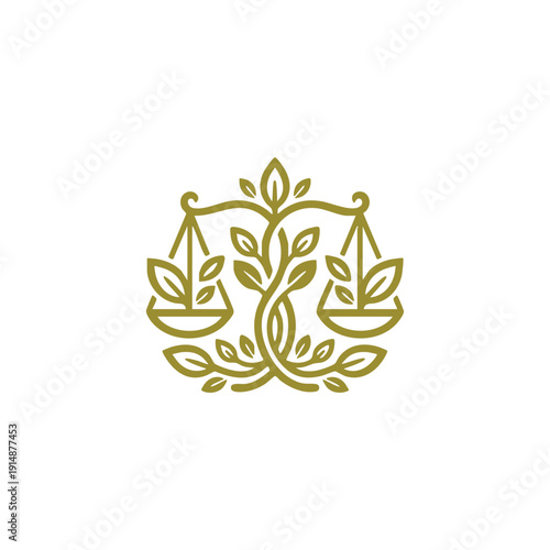 Eco-friendly scales of justice silhouette illustration with decorative floral and leaf patterns, representing environmental law, ethical sustainability, and green justice concept isolated