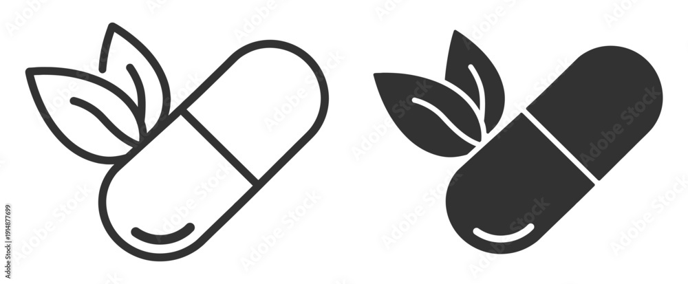 Fototapeta premium Capsule pill with leaves, natural herbal medicine and healthcare outline icon isolated on transparent background