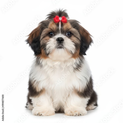 Wallpaper Mural Adorable puppy with a red bow on its head sitting on a white background from a front view Torontodigital.ca