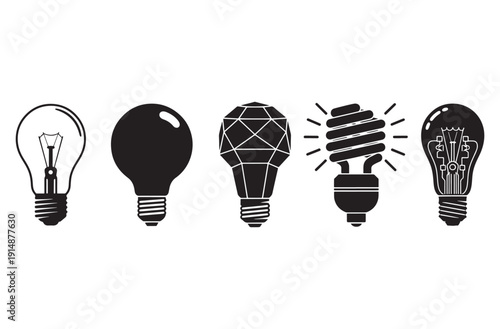 Light bulb set illustrating evolution from classic incandescent to modern led and energy saving spiral lamps representing innovation creativity power and diverse illumination solutions