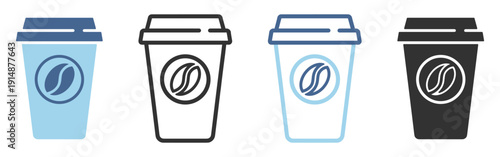 Takeaway coffee cup with bean logo icon, disposable paper cafe beverage container vector illustration isolated on transparent background
