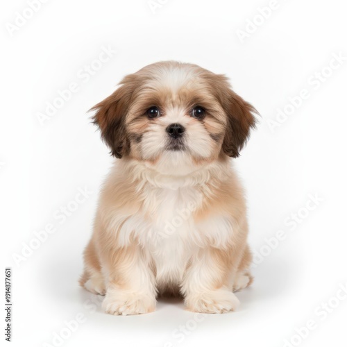 Wallpaper Mural Adorable puppy sitting on a white floor, looking directly at the camera with its big brown eyes and fluffy fur. Torontodigital.ca
