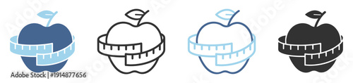 Apple with measuring tape icon, healthy diet nutrition weight loss fitness symbol vector illustration isolated on transparent background