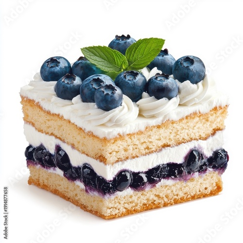 Blueberry shortcake isolated on a white background, highlighting its rich blueberry topping and soft cake layers.