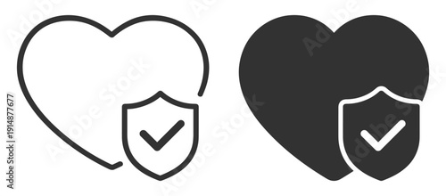 Heart with shield and checkmark, medical protection and health insurance outline icon isolated on transparent background