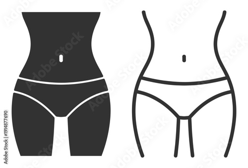 Slim female body waist and hips in underwear, fitness and weight loss silhouette and outline icon isolated on transparent background