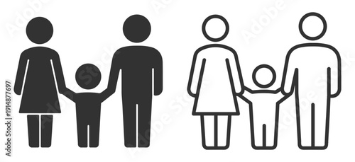Family parents with child holding hands, mother father and kid silhouette and outline icon isolated on transparent background