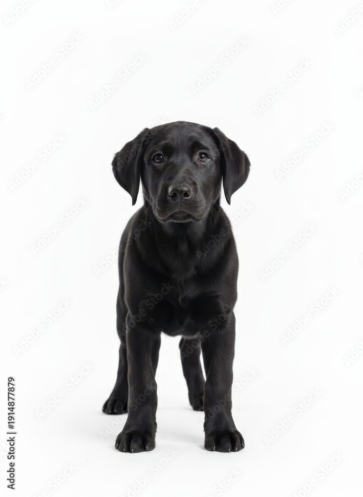 custom made wallpaper toronto digitalA black Labrador puppy stands on a white floor, looking directly at the camera with its floppy ears and shiny coat.