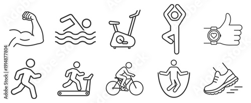 Fitness and sport thin line icon set with yoga, gym and wellness symbols on transparent background