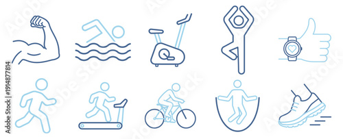 Sport and fitness icons collection, gym workout training running cycling swimming yoga symbols, solid silhouette vector illustration isolated on transparent background