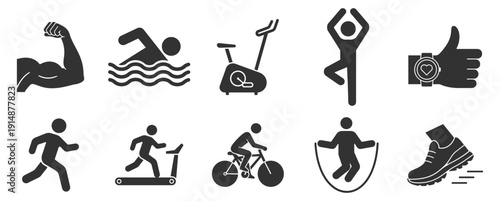 Fitness and sport activity icons set, running cycling swimming yoga gym workout symbols, outline vector illustration isolated on transparent background
