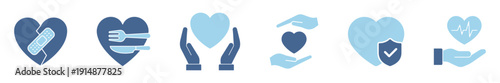 Blue healthcare and heart care icons set, medical protection insurance support symbols, flat vector illustration isolated on transparent background