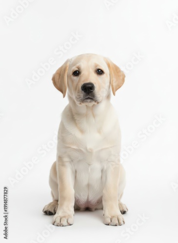 Wallpaper Mural A yellow labrador puppy sitting upright on a white surface, facing the camera directly with a curious expression Torontodigital.ca