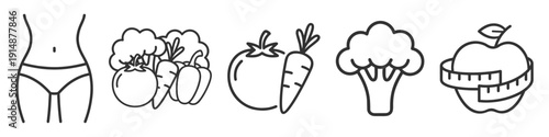 Healthy nutrition, diet food icons set with vegetables, fruits, female waist and measuring tape, weight loss and fitness concept vector illustration on transparent background