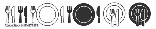 Restaurant plate and cutlery icons collection, fork and knife dining symbols in solid and line design for food service on transparent background