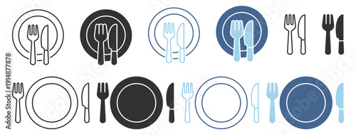 Restaurant and dining icon set, plate with fork and knife symbols in flat, outline and silhouette style collection on transparent background