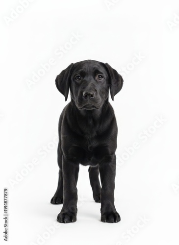 Wallpaper Mural A black Labrador puppy stands on a white floor, looking directly at the camera with its floppy ears and shiny coat. Torontodigital.ca
