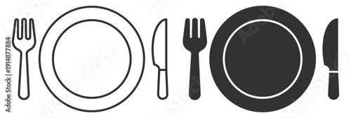 Restaurant and dining icon set, plate with fork and knife, food service emblem in flat and outline design on transparent background