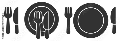 Restaurant plate and cutlery icons collection, fork and knife dining symbols in solid and line design for food service on transparent background