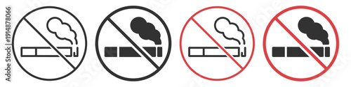 No smoking sign icon set, cigarette with smoke prohibited symbol in outline and solid style on transparent background