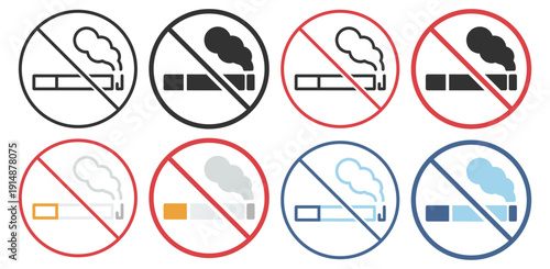 No smoking icon collection, prohibited cigarette and smoke warning symbols in outline and solid style on transparent background