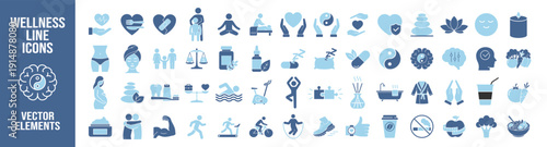 Wellness line icons set, spa, yoga, meditation, fitness, healthcare and lifestyle vector collection on transparent background